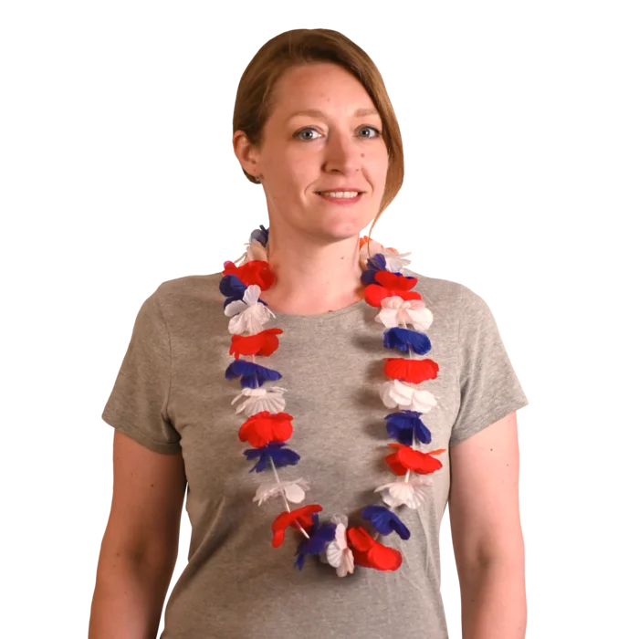 collier fleurs bleu blanc rouge 105 cm de la marque SANDY. Réf. FUN100-30.