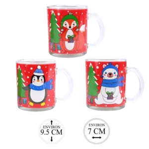 mugs de Noël en verre fond rouge sapin 3 ass de la marque SANDY. Réf. VDD102.