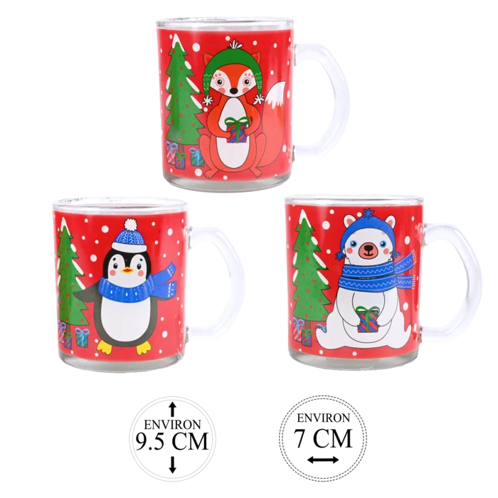 mugs de Noël en verre fond rouge sapin 3 ass de la marque SANDY. Réf. VDD102.