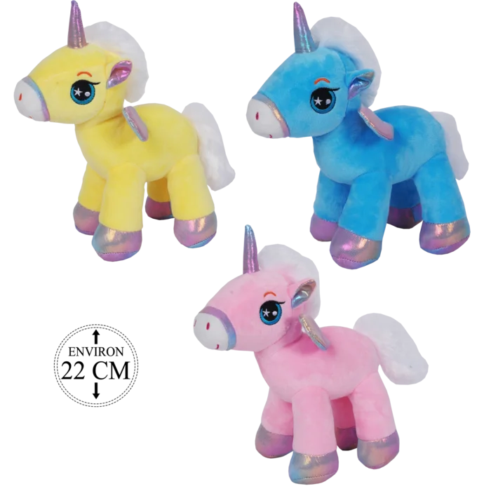 peluche licorne 22 cm 3 ass de la marque SANDY. Réf. PDD213-22.