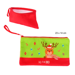 pochette tissu 23x14  cm décor imprimé renne hohoho de la marque SANDY. Réf. NDQ139.