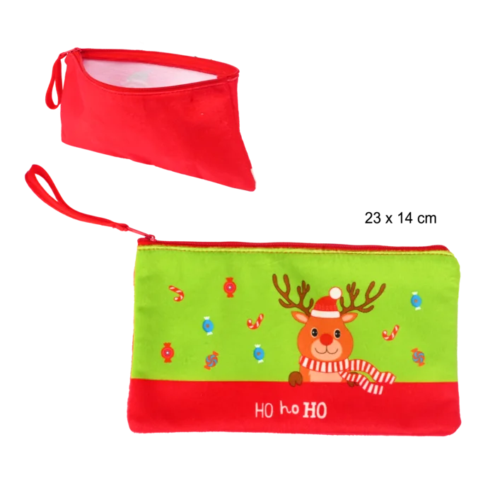 pochette tissu 23x14  cm décor imprimé renne hohoho de la marque SANDY. Réf. NDQ139.