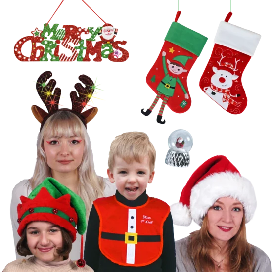 photos de Bonnets, bottes, diadèmes festifs, décorations et accessoires pour marchés de Noël