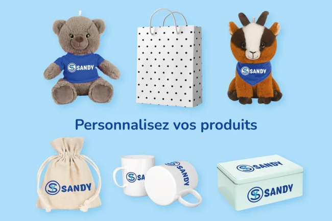 photo d'une série d'objets personnalisables et personnalisés (peluche, mug, boite métalique..)