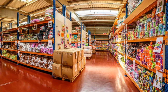 vue de plusieurs rayonnages peluches dans le magasin showroom sandy