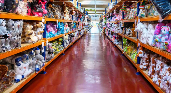 vue des rayons peluches dans le magasin showroom sandy