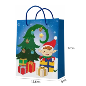SAC PAPIER 22,5*19*10cm LUTIN AVEC SAPIN ET CADEAUX