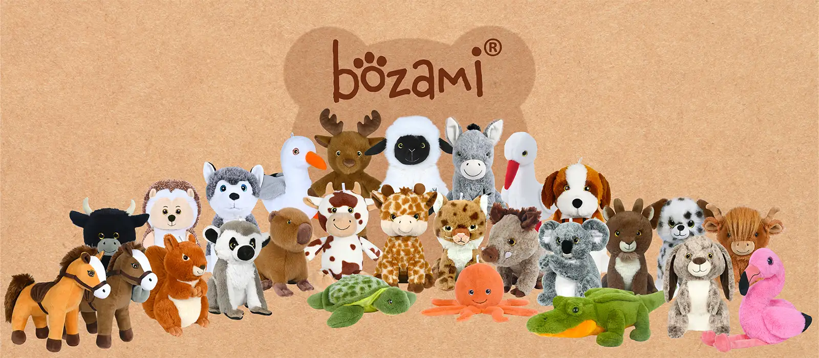 Sandy Grossite peluches : peluches marque Bozami mise en scène de peluches de marque bozami sur fond coloré