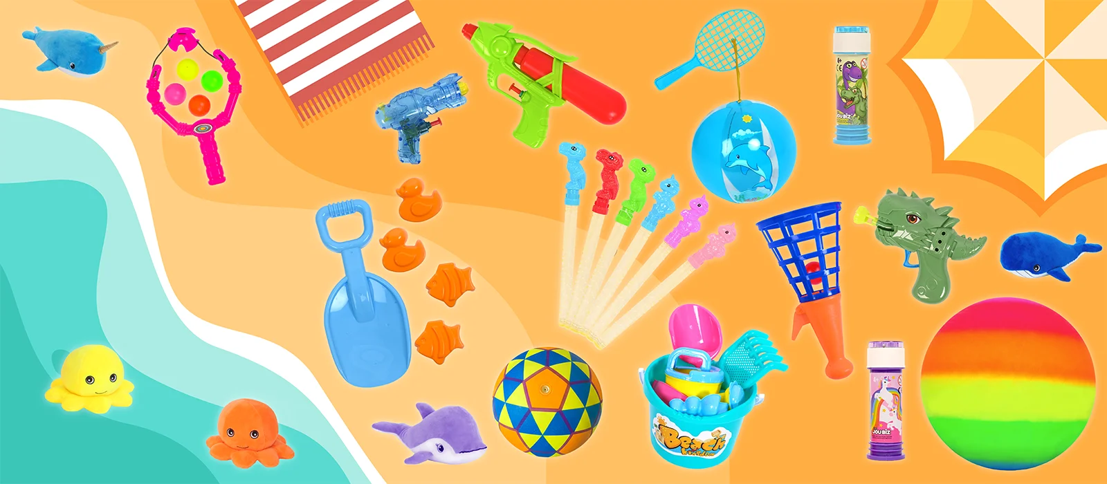 Image Été 2026 avec articles de types saisons festivals, ballons de plage, peluches animaux marins, pistolet à eau, bâtons bulles, jeux de plage...