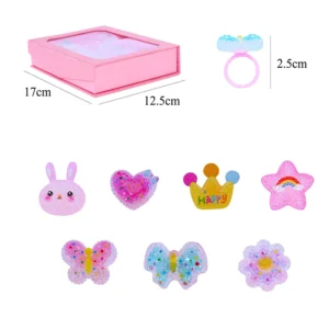 Jouet bagues fantaisie, taille coffret : 17cm de long et 12,5cm de large, taille bague : 2,5cm de haut