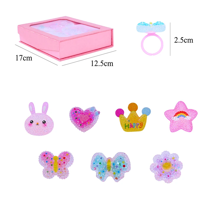 Jouet bagues fantaisie, taille coffret : 17cm de long et 12,5cm de large, taille bague : 2,5cm de haut