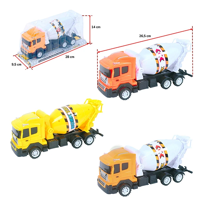Jouet camion bétonnière 3 coloris (orange fluo, jaune, orange), taille boite : 9,5cm de large, 28cm de long et 14cm de haut
