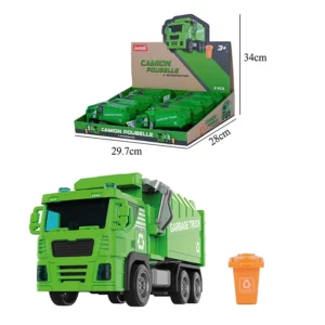 Jouet camion poubelle vert et benne orange, taille boite : 29,7cm de large, 28cm de profondeur et 34cm de haut