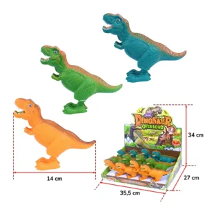 Assortiment de 3 dinosaure à remonter (vert, jaune et bleu canard) avec son présentoir, taille présentoir : 35,5cm de large, 27cm de profondeur et 34cm de hauteur
