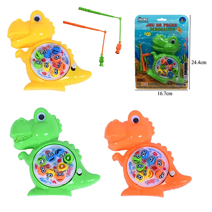 Jouet jeu de pêche dinosaure 3 coloris (jaune, vert et orange), taille carte : 24,4cm de haut et 16,7cm de large
