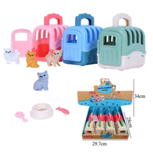 Jouet mini caisse transport animaux 3 coloris (rose, bleu et vert), taille boite : 29,7cm de long, 28cm de profondeur et 34cm de haut