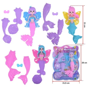 Assortiment de 3 poupée sirène et d'accessoires, taille carte : 28cm de haut et 21,5cm de large