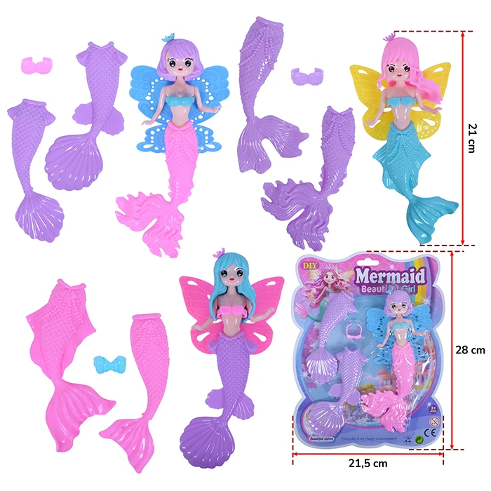 Assortiment de 3 poupée sirène et d'accessoires, taille carte : 28cm de haut et 21,5cm de large