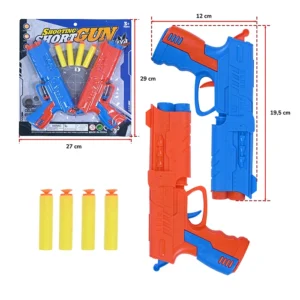 Jouet 2 pistolets (orange et bleu) et 4 flèches (jaune), taille carte : 29cm de haut et 27cm de large