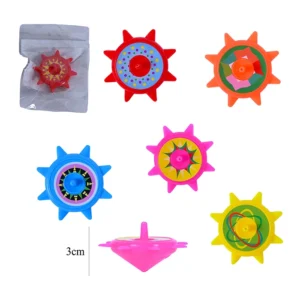 Jouet toupie avec motifs 5 coloris (rouge, orange, rose, bleu et jaune), taille toupie : 3cm de haut