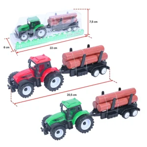 Jouet tracteur 2 coloris (rouge et vert) avec remorque, taille boite : 6cm de large, 22cm de long et 7,5cm de haut