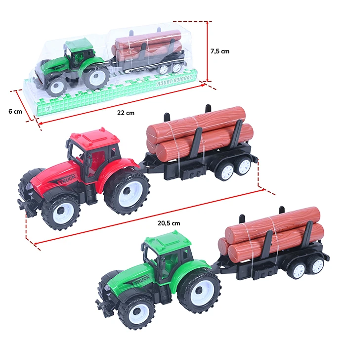 Jouet tracteur 2 coloris (rouge et vert) avec remorque, taille boite : 6cm de large, 22cm de long et 7,5cm de haut