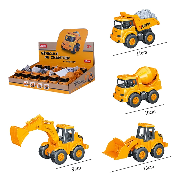 Jouet véhicule de chantier 4 assortis, taille min : 9cm, taille max : 13cm