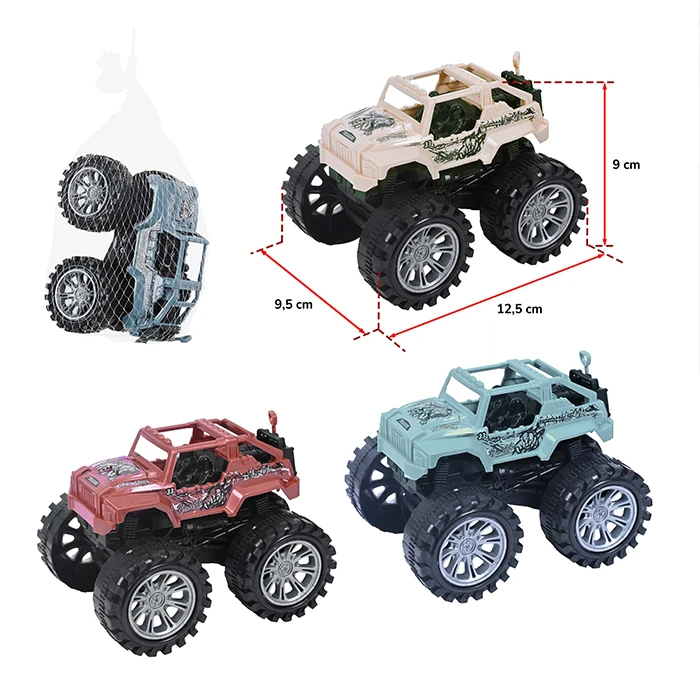 Voiture 4x4, 4 coloris (rouge, vert, gris et beige), taille de la voiture : 9,5cm de largeur, 12,5 de longueur et 9cm de haut