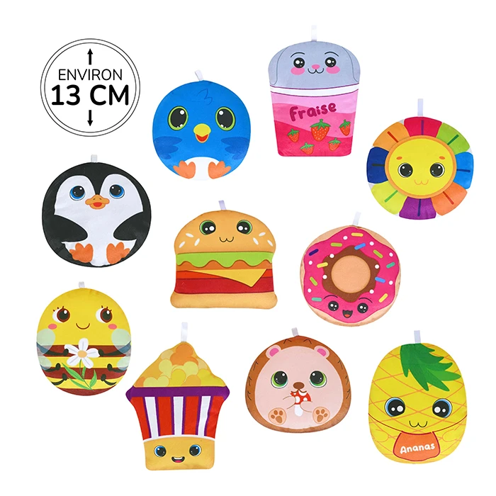 Mélange peluche 10 décors assortis (oiseau, pingouin, bubble tea lapin, fleur, hamburger, abeille, pop-corn, hérisson, donuts et ananas) 13 cm de haut