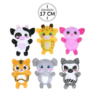 Peluche animaux 6 assortis (vache, girafe, cochon, tigre, éléphant, lémurien) 17cm