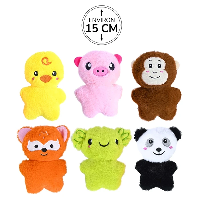 Assortiment de 6 peluches animaux (poussin, cochon, singe, renard, axolotl et panda), 15cm de haut