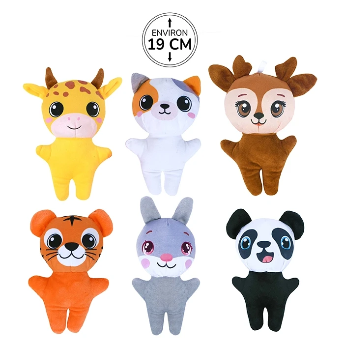 Assortiment de 6 peluches animaux (girafe, chat, cerf, tigre, lapin et panda), 19cm de haut