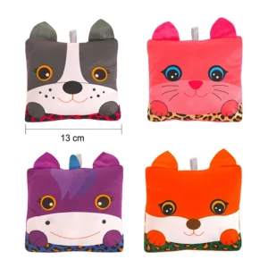 Peluche animaux carré 4 assortis (chien, chat, licorne et renard), 13cm de large