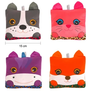 Peluche animaux carré 4 assortis (chien, chat, licorne et renard), 15cm de large