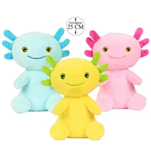 Peluche axolotl 3 coloris (bleu, vert et rose), 25cm de haut