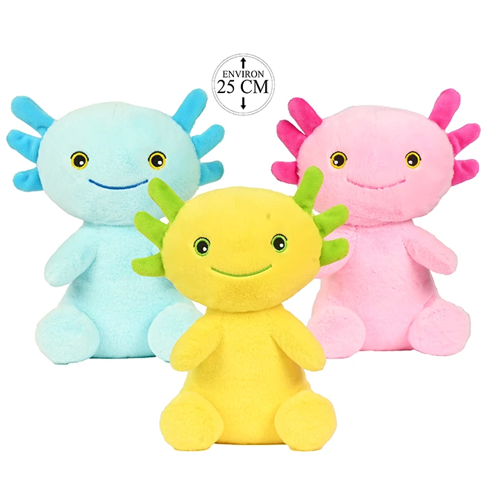 Peluche axolotl 3 coloris (bleu, vert et rose), 25cm de haut