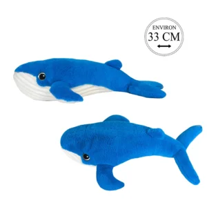 Peluche baleine bleue et ventre blanc côtelé, 33cm de long