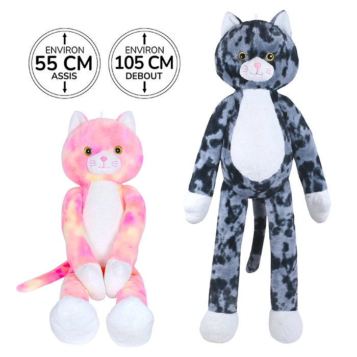 Peluche chat 2 assortis (rose et gris) 55 cm assis et 105 cm debout