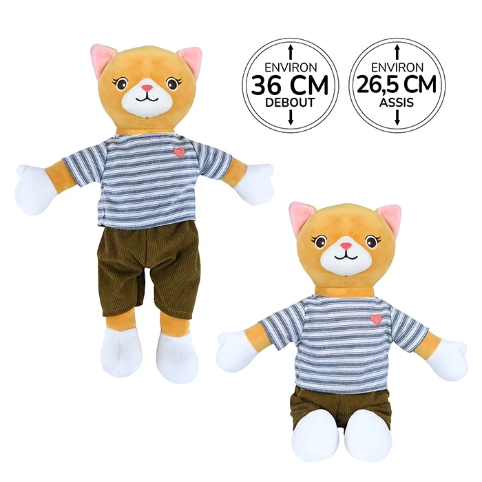 Peluche chat jaune orangé habillé d'un t-shirt à rayures avec cœur brodé et d'un pantalon marron, 26,5cm assis et 36cm debout