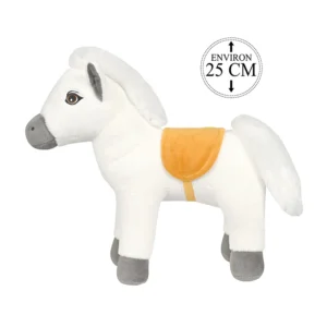 Peluche cheval blanc avec selle jaune, 25cm de haut