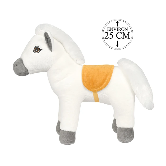 Peluche cheval blanc avec selle jaune, 25cm de haut