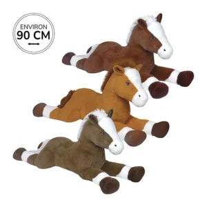 Peluche cheval couché 3 assortis (caramel, chocolat et café), 90cm de long