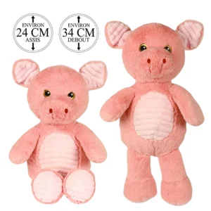 Peluche cochon avec ventre, patte et oreille cotelé, 24cm assis et 34cm debout