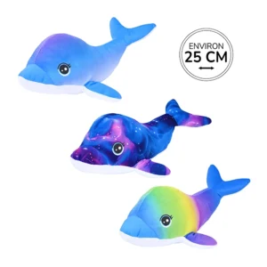 Peluche dauphin 3 coloris (dégradé violet à bleu, galaxy et dégradé de bleu, vert, jaune rose, violet et bleu foncé), 25cm de long
