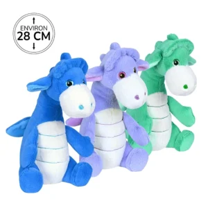 Peluche dragon 3 assortis (vert, violet et bleu), 28cm de haut