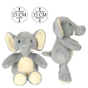 Peluche éléphant gris avec ventre, oreille et patte côtelé crème, 23cm assis et 33cm debout