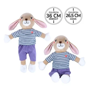 Peluche lapin marron clair habillé d'un t-shirt à rayures avec cœur brodés et d'un pantalon violet, 26,5cm assis et 36cm debout