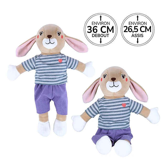 Peluche lapin marron clair habillé d'un t-shirt à rayures avec cœur brodés et d'un pantalon violet, 26,5cm assis et 36cm debout
