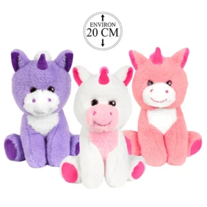 Peluche licorne assise 3 coloris (violet, blanc et rose), 20cm de haut