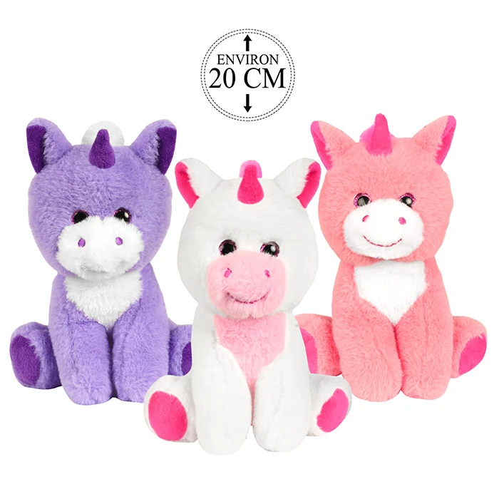 Peluche licorne assise 3 coloris (violet, blanc et rose), 20cm de haut